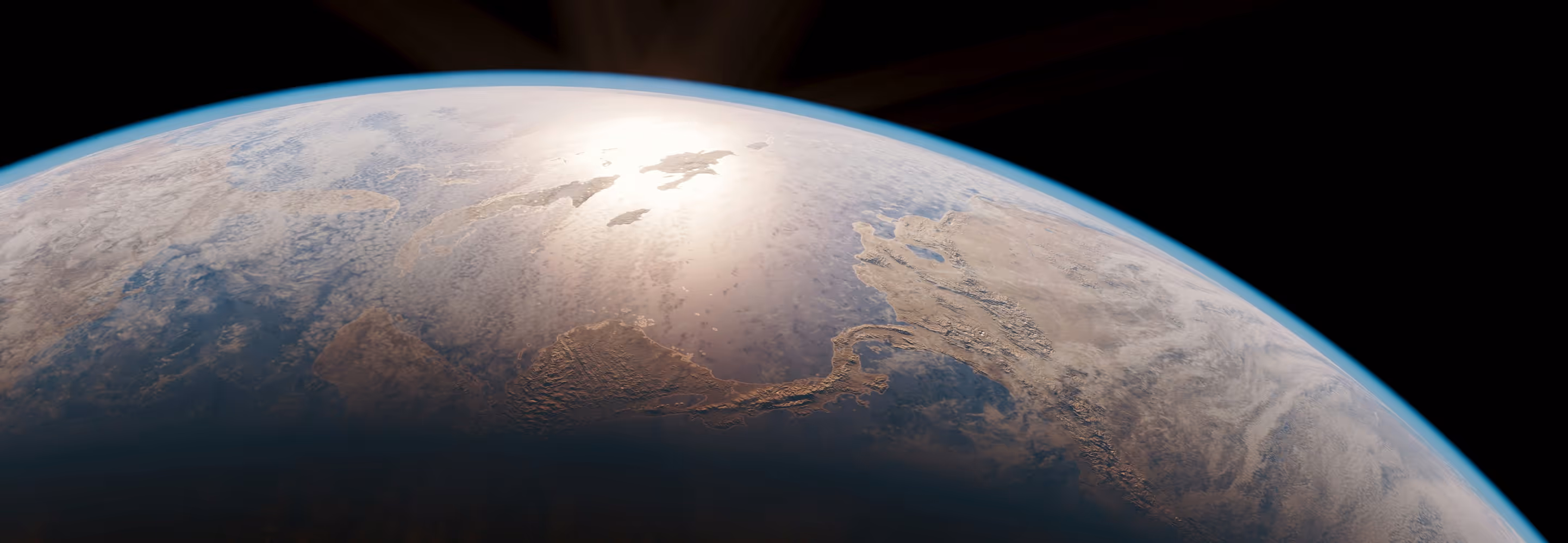 Sunlight reflecting over Earth's curved horizon showing landmasses and atmosphere against space.